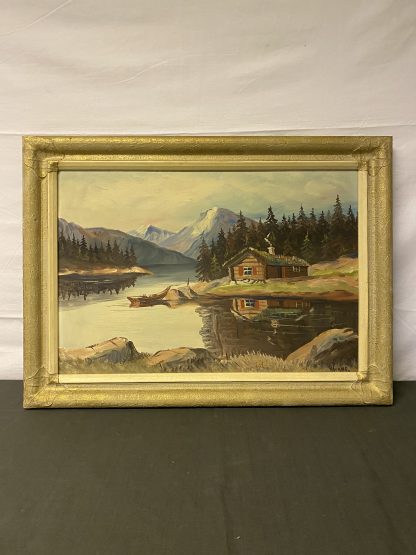 Maleri hytte ved innsjø