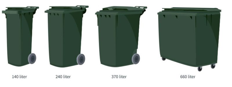 Avfallsbeholdere i forskjellige størrelser